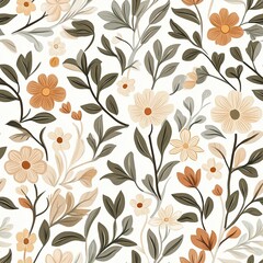 Autumn-inspired floral damask with soft pastel leaves and seasonal blossoms, Autumn pastel floral seamless, seasonal bloom pastel damask, soft autumn leaves pattern.