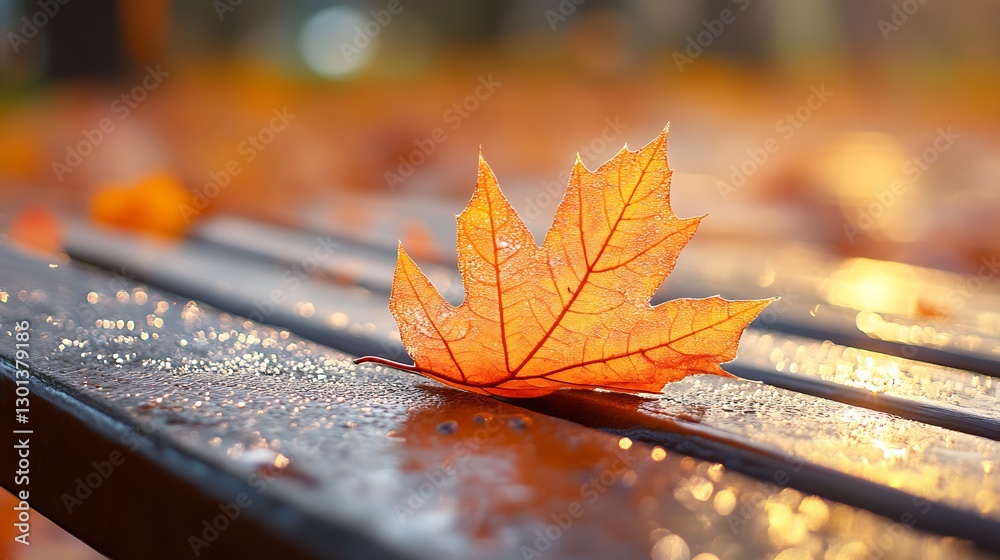 Poster stunning close-up of a vibrant autumn maple leaf resting on a wooden surface with droplets of water 