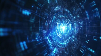 Futuristic Blue Digital Tunnel Displaying Data and Complex Network Connections