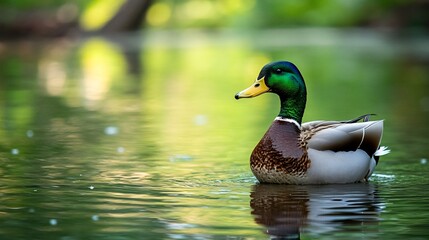 Obraz premium Tranquil duck swimming on serene lake water surface surrounded by nature beauty