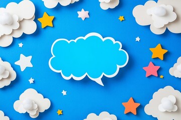 Creative paper art display featuring clouds and stars against a vibrant blue background