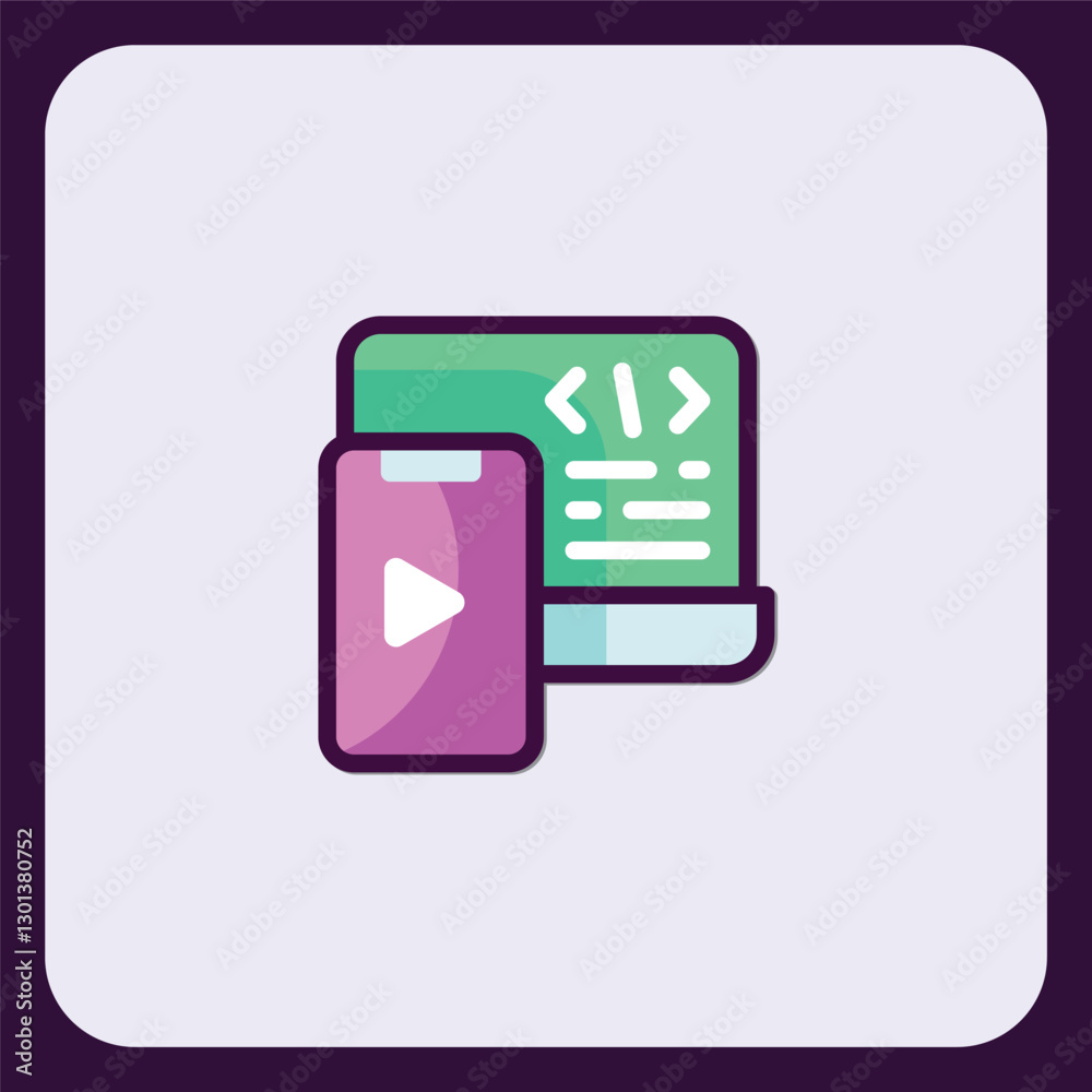 Poster laptop and mobile app icon: seamless coding and video tutorials