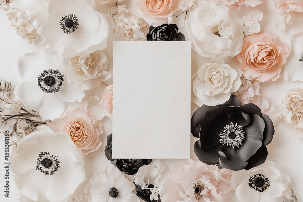 Poster Elegant flat lay of various beautiful flowers surrounding a blank space for adding text or design elements : Generative AI