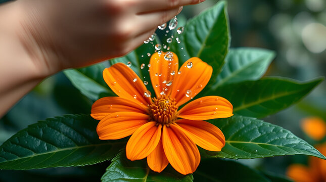 Close-up of a hand watering an orange flower with fresh water droplets, symbolizing care, growth, and nature conservation, vibrant petals and green leaves in a lush garden environment