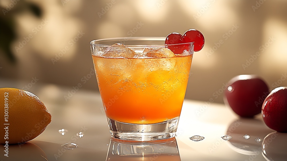 Poster refreshing cocktail in a glass with ice and garnished with cherries and lemon on a sunny table : gen