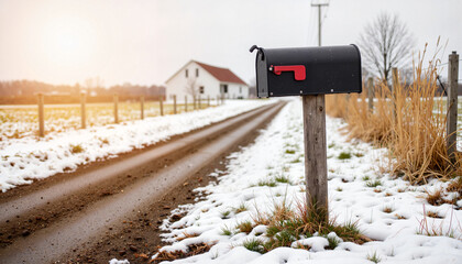 Rustic mailbox in muddy snow along dirt road, winter serenity