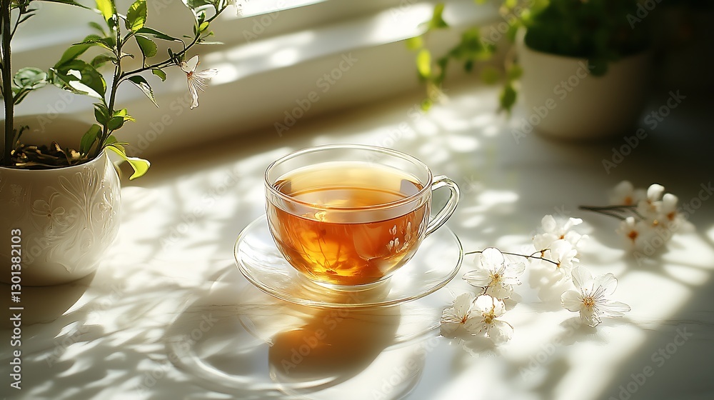 Aufkleber a beautiful cup of tea with delicate flowers and soft sunlight creating a calming ambiance on a tabl