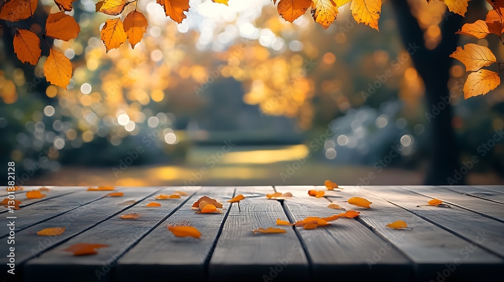 Aufkleber autumn leaves on a wooden table inviting natural light with a scenic background : generative ai