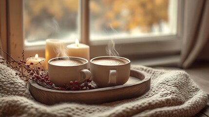 Cozy autumn scene with two steaming cups of hot chocolate on a wooden tray with decorative berries and candles : Generative AI