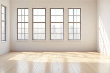 Empty room with large windows and city view.