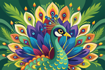 Fototapeta premium A peacock showcases its stunning, colorful feathers among the greenery of a sunlit garden, Peacock with colorful feathers