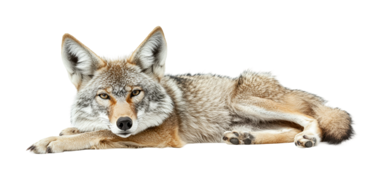 Coyote resting in a natural pose highlighting its distinctive features in a serene environment, cut out