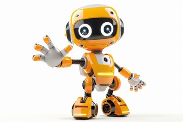 Friendly cartoon robot toy waving in white background playful design