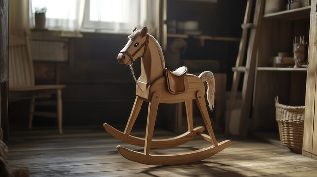 Wooden rocking horse elegantly set in a rustic room, evoking nostalgic childhood memories with timeless charm