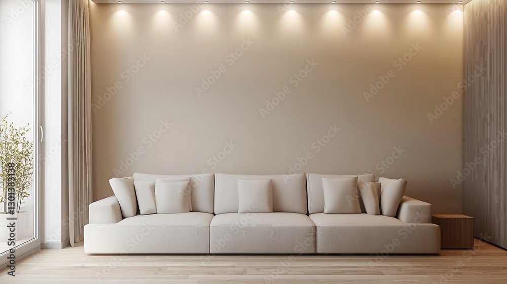 Poster stylish modern living room with a large white sofa and warm lighting creating a cozy atmosphere : ge