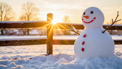 Obraz premium Melting snowman basking in dawn light near wooden fence, winter joy