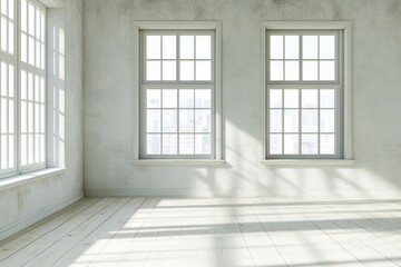 Fototapeta premium Empty room with sunlight streaming through large windows.