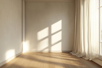 Obraz premium Empty room with sunlight streaming through sheer curtains onto hardwood floor.
