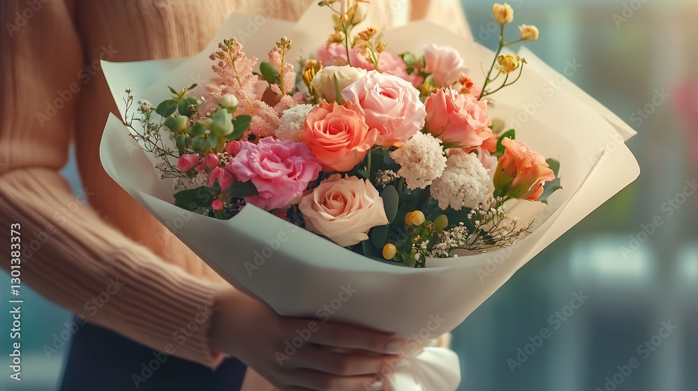 Poster beautiful bouquet of assorted roses and flowers held by a person in soft lighting for a charming eff