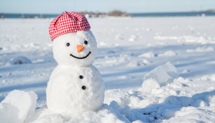 Cheerful snowman smiling on sunny lakeshore, winter joy