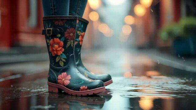 Floral patterned rubber boots standing in a puddle on a rainy street
