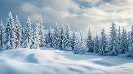 Naklejka premium Serene Frozen Winter Landscape: Snow Covered Fir Trees, Snowy Fields & Frosty Scenery