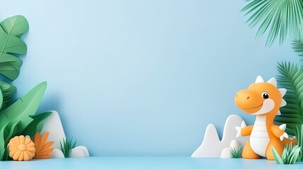 Orange dinosaur doll and green plants