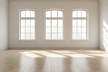 Fototapeta premium Empty room with three large windows and light wood floor. (1)