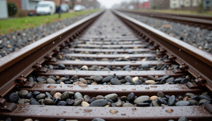 Water droplets on railroad track after rain, nature's beauty
