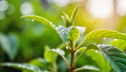 Obraz premium Fresh water droplets on green plant leaves, nature's clarity