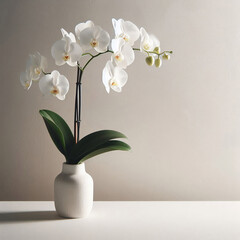 White orchid flowers, white vase, neutral background.
