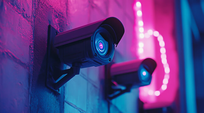 CCTV cameras with pink and blue lights on a dark background.
