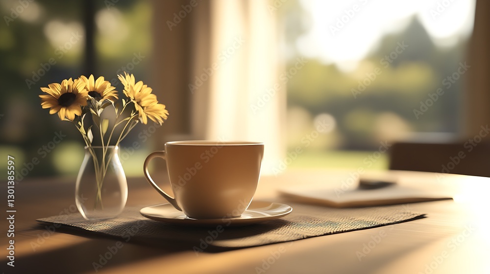 Aufkleber cozy cafe setting featuring a cup of coffee and sunflowers adding warmth and charm to morning vibes 