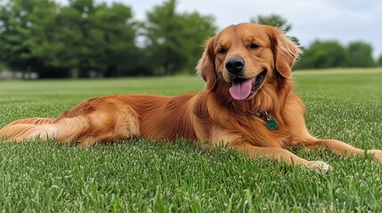 Adorable Golden Retriever Laying Down in Lush Green Grass Outdoors