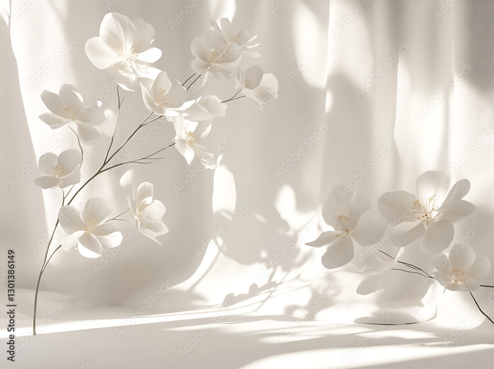 Poster delicate white flowers beautifully arranged casting soft shadows against a light backdrop : generati