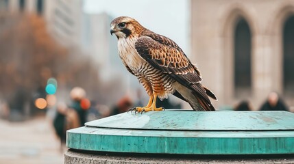 A stunning hawk stands confidently on a green pedestal in a lively city square, with blurred figures of people wandering in the background during a chilly winter day.