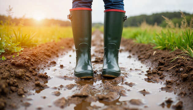 Wet wellies stuck in muddy countryside path, resilience in nature