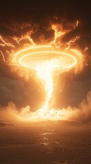 Fototapeta premium Apocalyptic Inferno: A fiery vortex descends from the heavens, illuminating a desolate landscape in an otherworldly spectacle.
