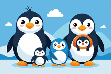 Obraz premium A delightful cartoon family of penguins stands together against a frosty backdrop with soft clouds, Penguin family Customizable Cartoon Illustration