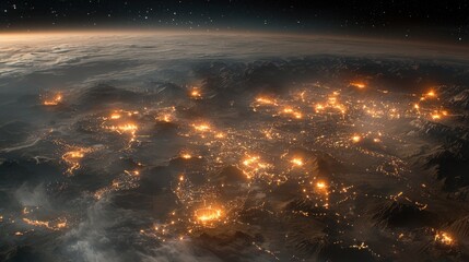 Fototapeta premium Night Lights of a Mountainous Planet: An Aerial View
