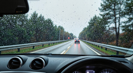 Rainy day drive through wet windshield, peaceful journey