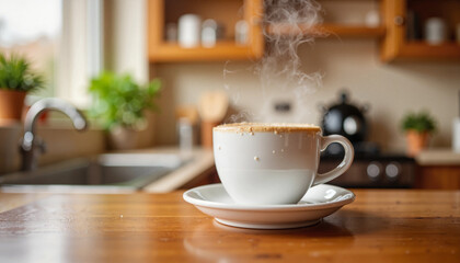 Obraz premium Cozy coffee mug steaming on kitchen table, warmth and comfort