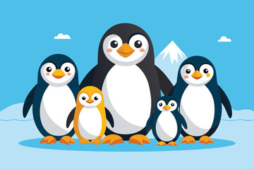 Obraz premium A happy family of penguins stands together against a bright blue sky and snowy mountains, Penguin family Customizable Flat Illustration