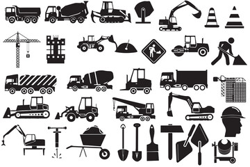 A set construction vehicle silhouette, including heavy machinery, tools, safety equipment, and industrial elements. Perfect for engineering, architecture, and building projects.