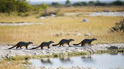 Playful Group of Banded Mongoose Approach Together - Wildlife Safari Scene