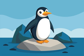 Fototapeta premium A penguin is perched on a rock, gazing into the peaceful ocean under a clear blue sky, Penguin on a rock