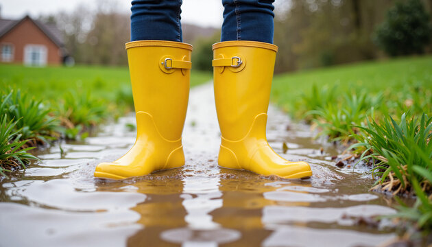 Bright yellow waterproof boots splashing in flooded garden path, resilience