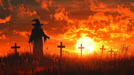 Mystical Halloween Wizard Silhouette with Crosses at Sunset for Spooky Design Projects