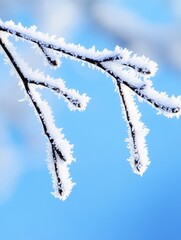 Obraz premium Frosty Winter Branches - Close-up of delicate, snow-covered branches against a bright blue sky. Perfect for winter themes