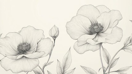 Detailed sketch of blooming flowers on a light beige background